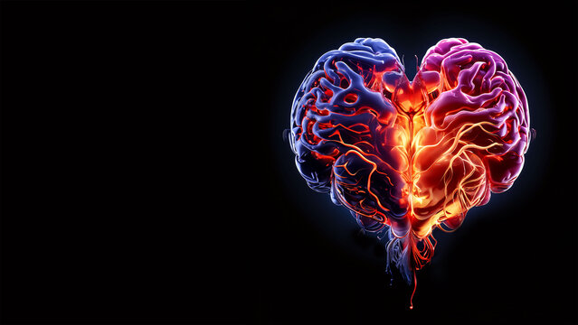 Illuminated Human Heart and Brain Connection Concept on Dark Background with Copy Space