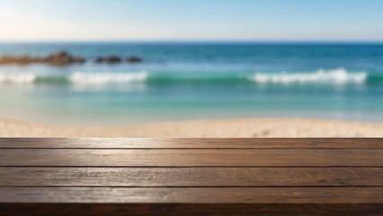 Fototapeta na wymiar Empty wooden table with beautiful Beach background, Islands , photorealistic