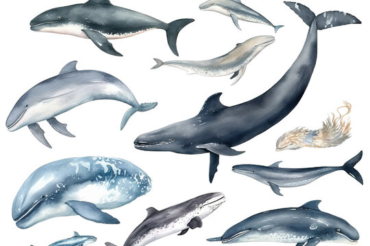 set drawn printing illustrations aquatic design whales Isolated animals: watercolor dolphins white Hand narwhals