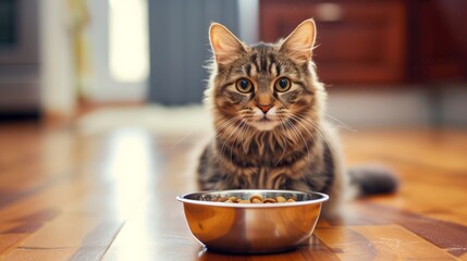 Close up cute cat eating from a bowl against blurred kitchen background, looking at camera with copyspace for text