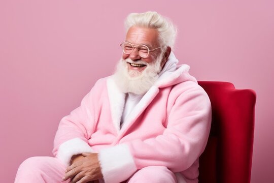 Happy smiling trendy Santa Claus in pink clothes on a pink background