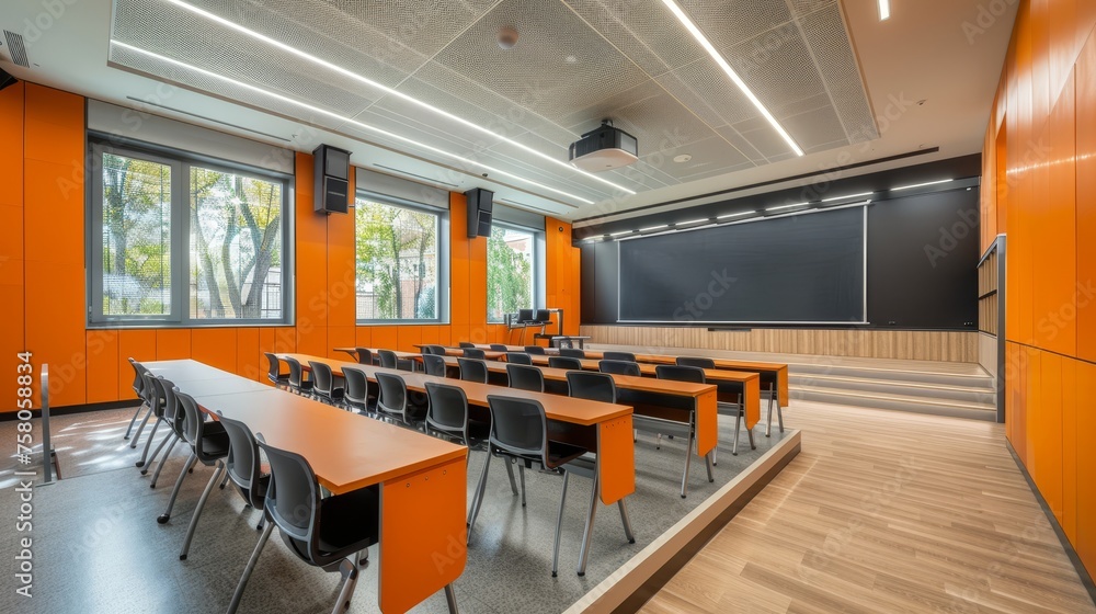 Poster bright classroom with empty blackboard, desks and chairs in a lecture hall
