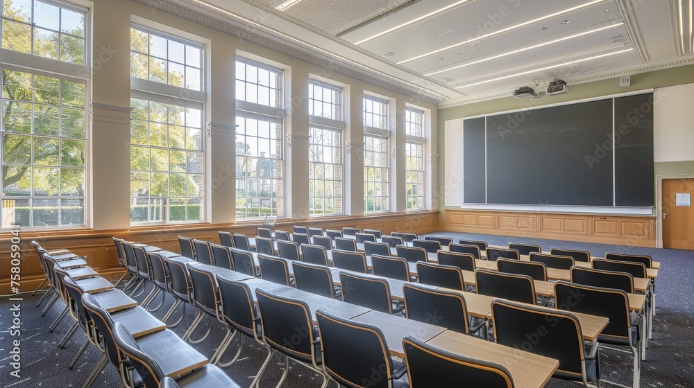 Poster bright classroom with empty blackboard, desks and chairs in a lecture hall