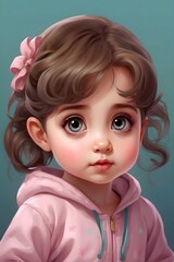 Portrait of a beautiful little girl with curly hair in a pink jacket. Generated by AI.