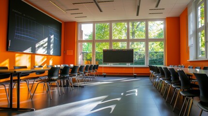  Bright classroom with empty blackboard, desks and chairs in a lecture hall