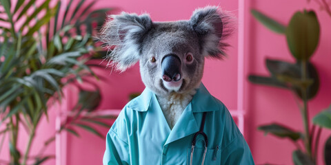 Cute koala dressed as a doctor posing in front of a pink wall for a photoshoot concept