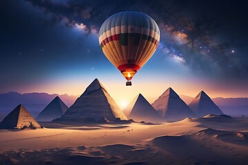 Hot air balloon flying over the pyramids of Giza, Egypt - Powered by Adobe