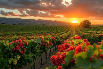 Sun sets over a vibrant vineyard, full of ripe grapes ready for harvest, capturing the beauty of...