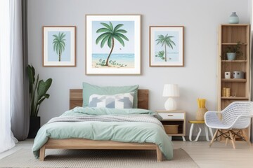 Kids room decorated in tropical and coastal style with blue and green shades of color