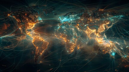 A world trade map highlighted with interconnected global business - obrazy, fototapety, plakaty
