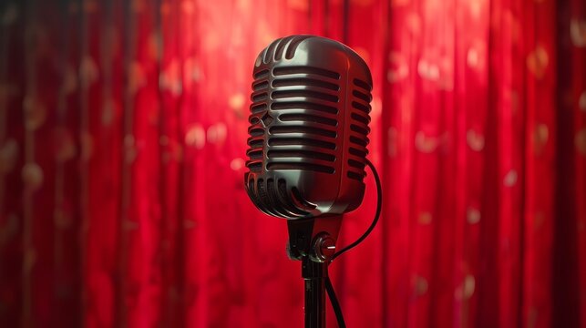 Classic Vintage Microphone on Stand with Red Curtain Background 