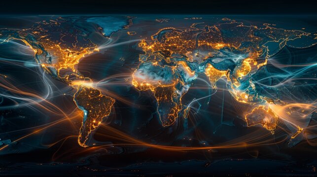 A world trade map highlighted with interconnected global business