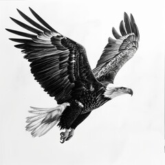 Bald Eagle in Flight Pencil Sketch Isolated on White Background.