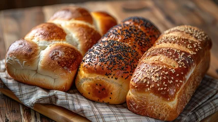 Gordijnen Artisan breads close up to highlight the bake and texture © Vodkaz