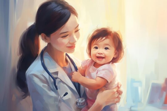 Pediatrician and a baby with stethoscope for healthcare consulting, check lungs and breathing for heartbeat. Doctor, happy infant kid and chest assessment in clinic, hospital and medical analysis.