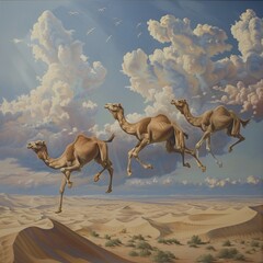 Desert landscape alive with camels, not trudging along the sand, but soaring gracefully above dunes.