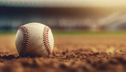 Leather baseball lying on the ground on a baseball field. Professional active sport. Blurred arena - Powered by Adobe