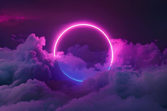 Render Neon circle rotation of frame with shining effects dark cloud background