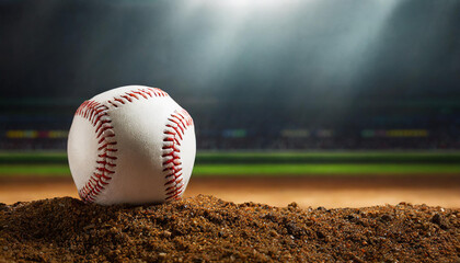 Leather baseball lying on the ground on a baseball field. Professional active sport. Blurred arena - obrazy, fototapety, plakaty