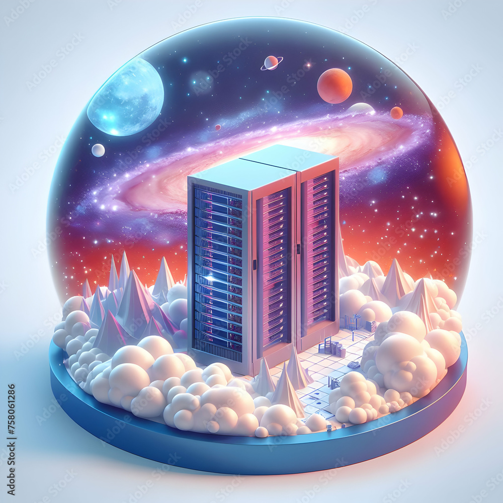 Poster 3d flat icon galactic server farms concept server racks with a backdrop of galaxies and nebulas with