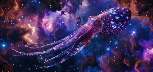 Giant squid embarks on a cosmic swim through a nebula, tentacles trailing starlight across the void.