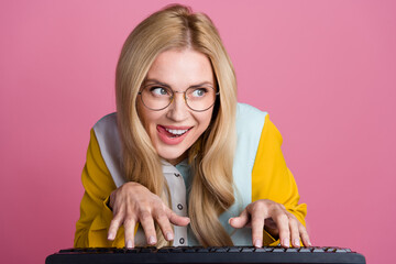 Photo of cunning adorable woman hardware expert touch keypad has creative tricky plan idea isolated...
