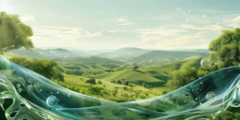  A serene landscape with lush green hills is artistically juxtaposed with a translucent water wave, blending nature with fantasy. © Александр Марченко