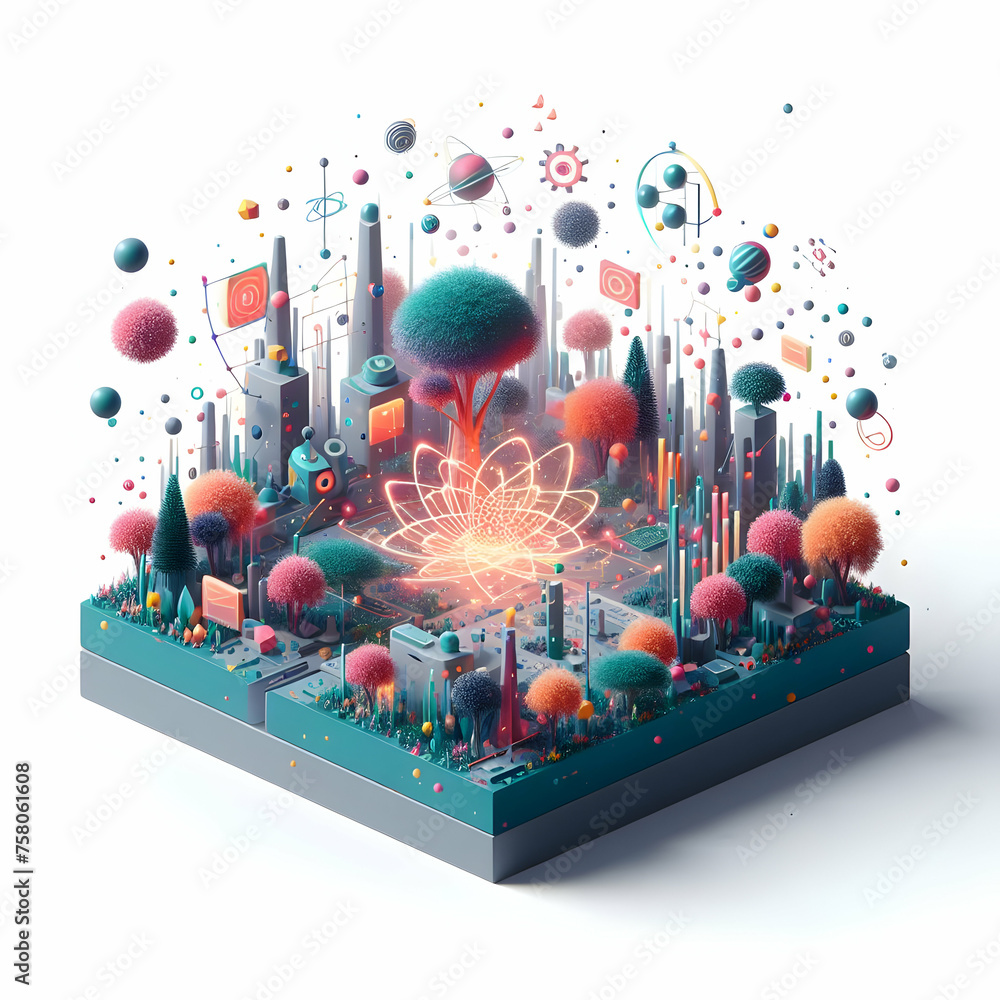 Poster 3d flat icon quantum jungle concept a dense jungle with quantum particles floating in the air with w