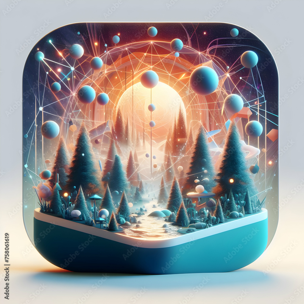 Poster 3d flat icon quantum jungle concept a dense jungle with quantum particles floating in the air with w