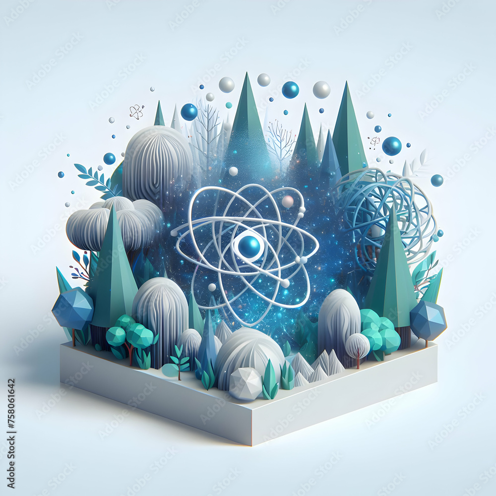 Poster 3d flat icon quantum jungle concept a dense jungle with quantum particles floating in the air with w