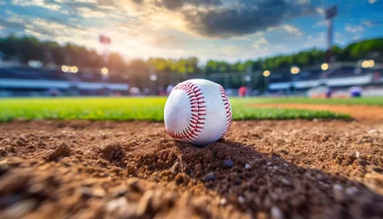 Poster Leather baseball lying on the ground on a baseball field. Professional active sport. Blurred arena © hardvicore