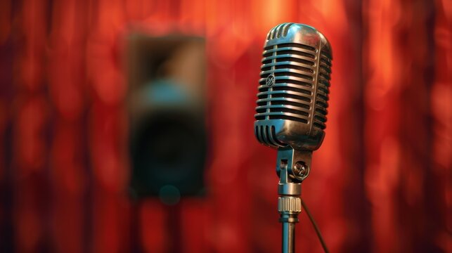 Classic Vintage Microphone on Stand with Red Curtain Background 