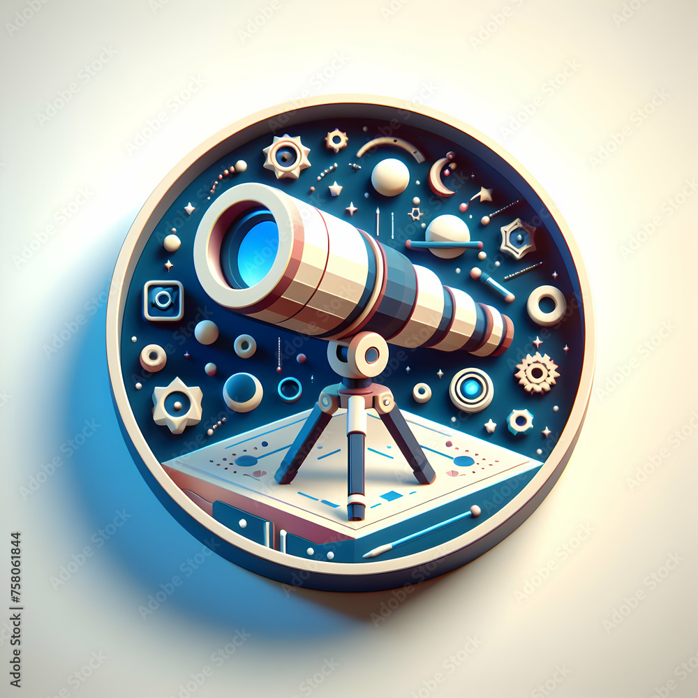 Poster 3d flat icon technological telescope concept a telescope interface with digital enhancements with wh