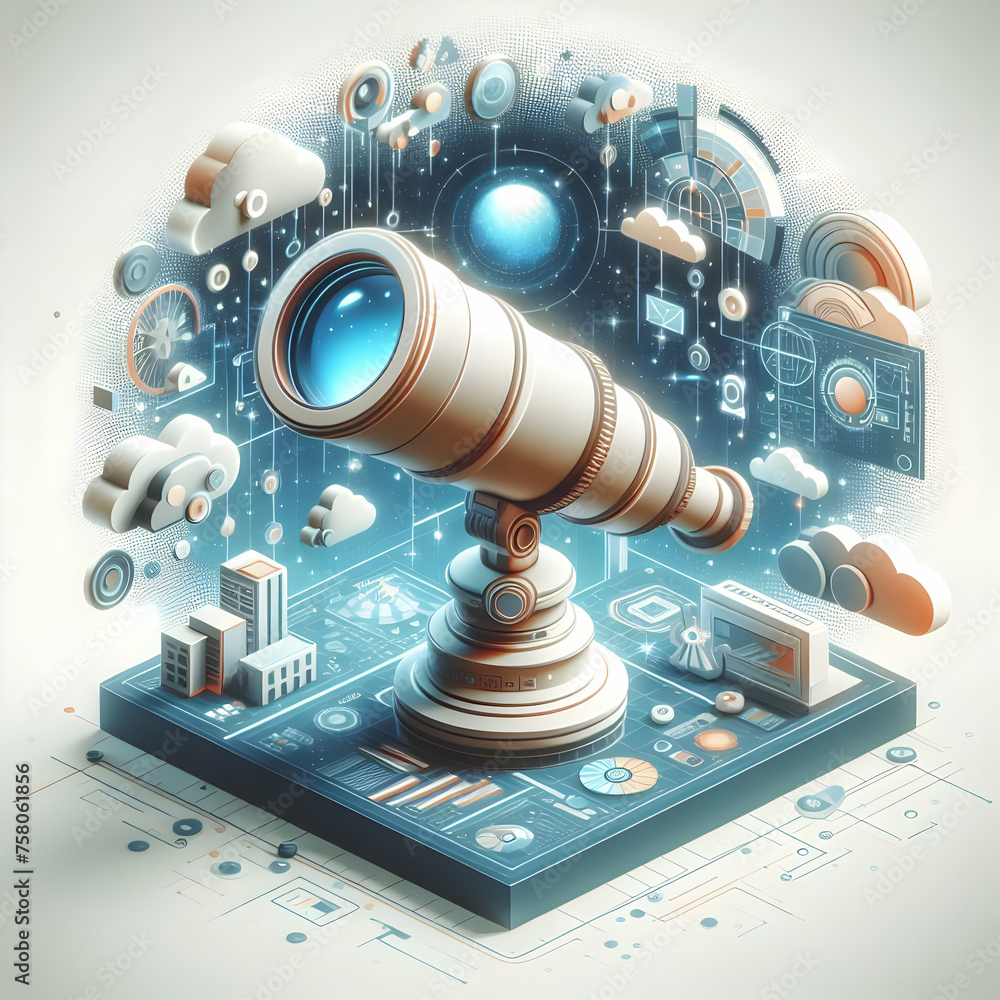 Poster 3d flat icon technological telescope concept a telescope interface with digital enhancements with wh