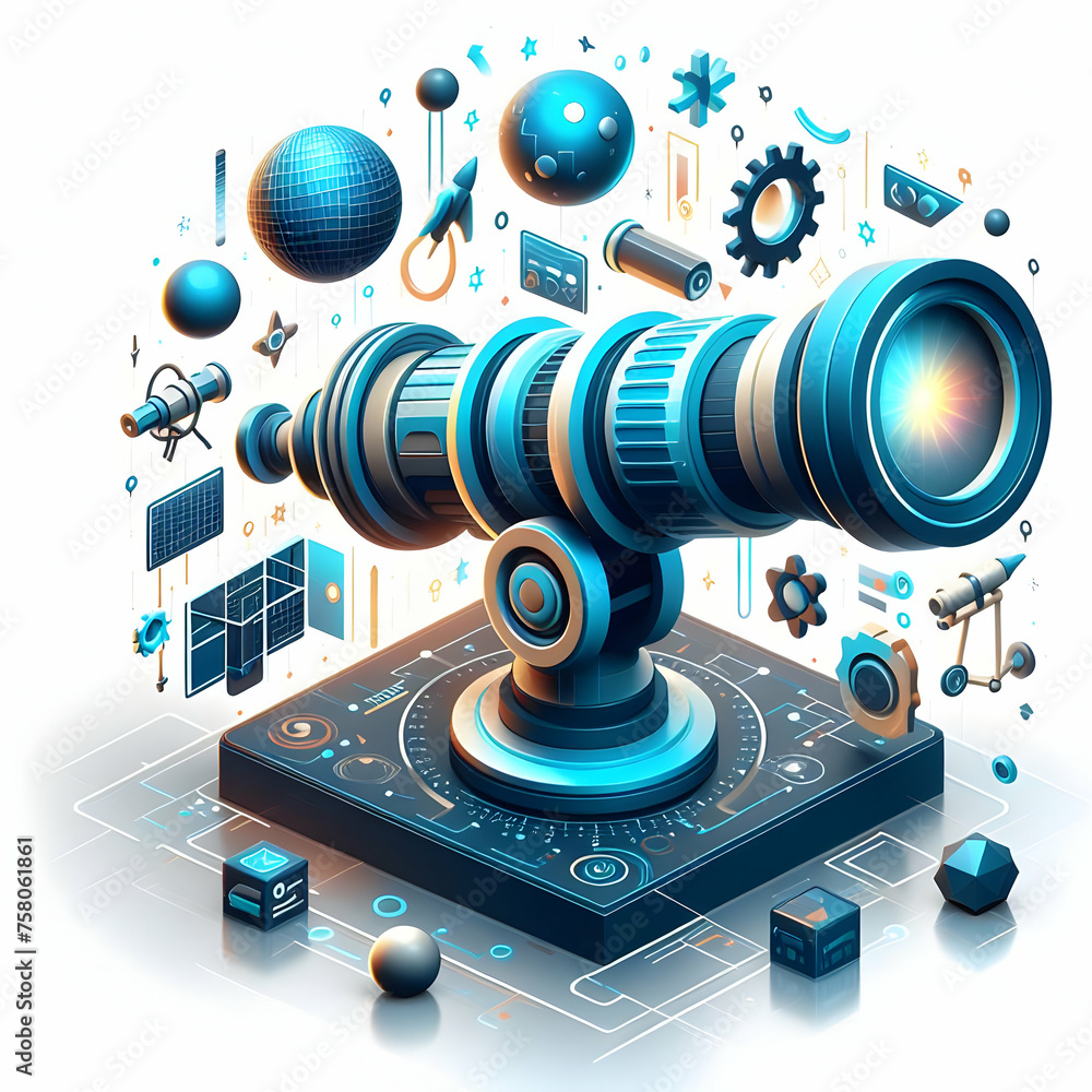Poster 3d flat icon technological telescope concept a telescope interface with digital enhancements with wh