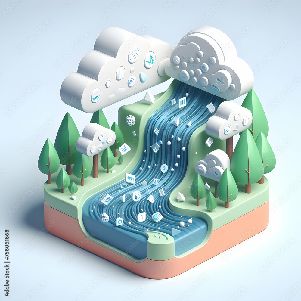 Aufkleber stream with flowing data instead of water with white background and isolated fantasy digital innovat