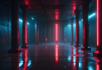 An industrial interior with large columns, red lighting, and a reflective floor