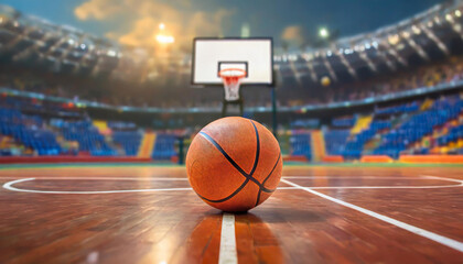 Basketball ball lying on floor on sport arena. Blurred stadium. Sport playground.