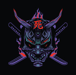 Elegance, Playful, Masculine, Cool, Colorful Japanese Shinigami, Hannya, Oni, Demon Cyberpunk And Gaming Style Character Mascot Illustration Vector  On Black Background