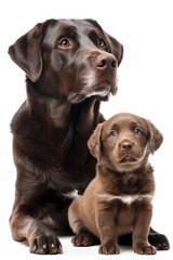 In a studio portrait, a gorgeous chocolate Labrador puppy and adult showcase the adorable transition.