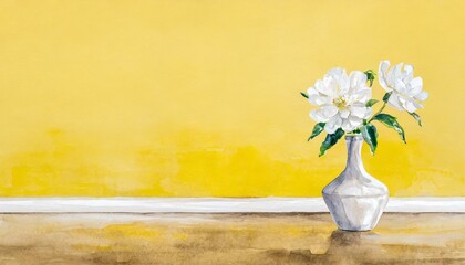 Tender white flower in vase on the floor with yellow wall background