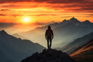 Abwaschbare Fototapete Hiker man standing on the top of a mountain and looking at the sunset. Man on top of the mountain © ASGraphics