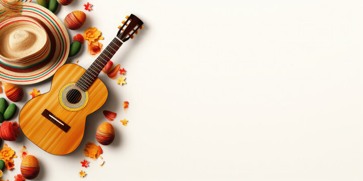 Mexican Cinco de Mayo holiday background with Mexican hat, guitar, flowers on a white background. Banner, flyer, template, poster with empty space for text. Flat lay