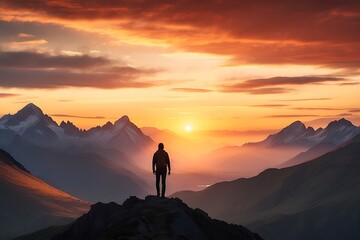 Hiker man standing on the top of a mountain and looking at the sunset. Man on top of the mountain