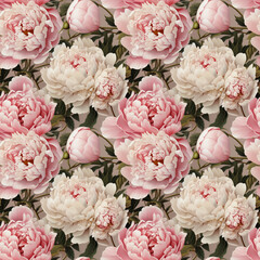 Vintage Hyper Realistic Illustration of Pink and White Peonies on Tan Background Seamless Pattern Stock 