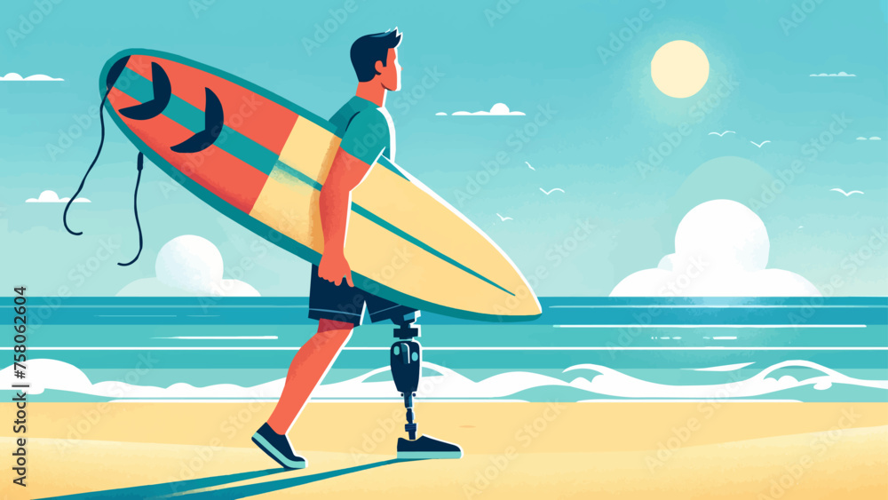 Wall mural handicapped surfer with a prosthetic leg, carrying a surfboard - Wall murals