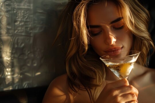 Elegant woman enjoying a classic martini with an olive in a chic setting