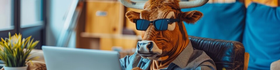 A bull in sales closing deals on a laptop in a high energy open floor sales office - obrazy, fototapety, plakaty