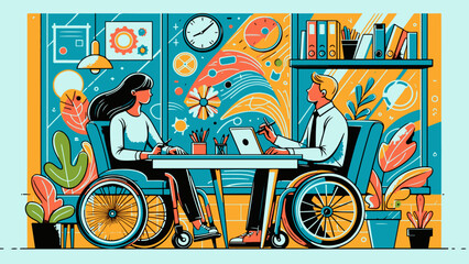young woman in a wheelchair working with a colleague around an office table
