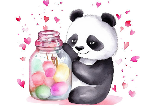 holding Hand hearts drawn panda jar watercolor glass